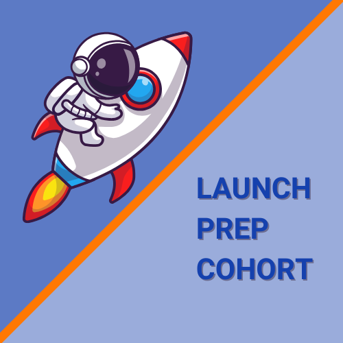 Rocket and astronaut with title: Launch Prep Cohort