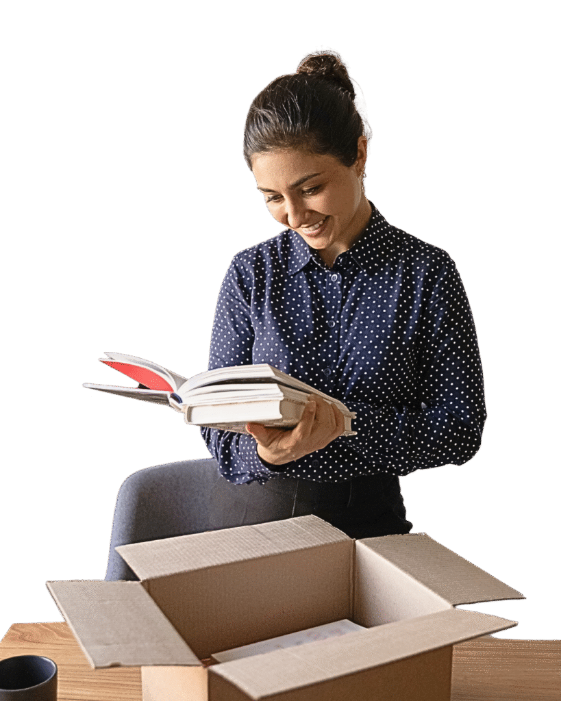 Author unboxing print books.