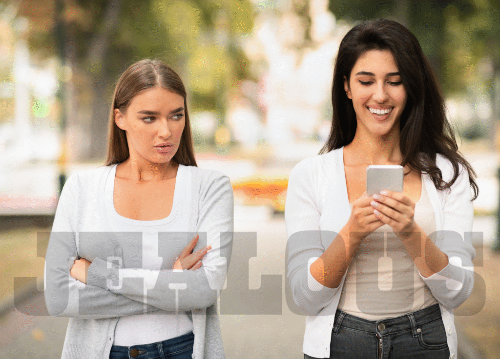 Jealous woman looking at her friend with envy.