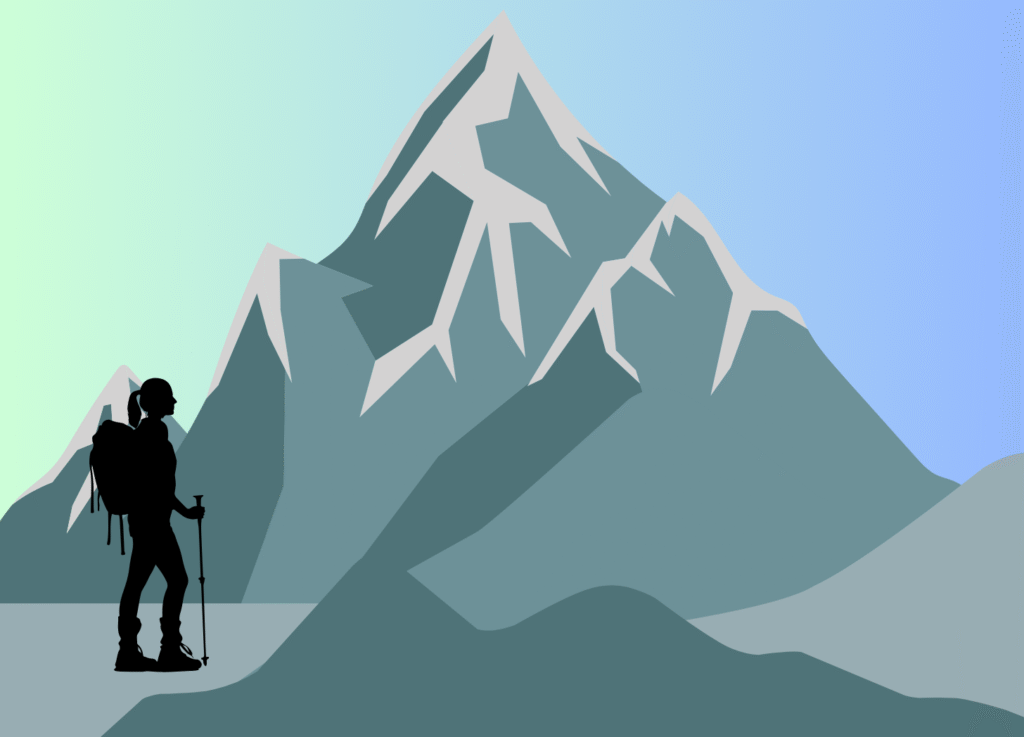 Mountain climber facing a very high mountain.