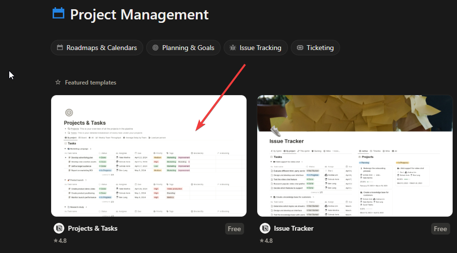 In Notion, the template selection screen.